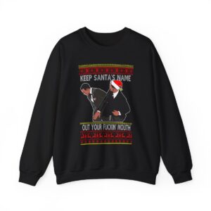 Will Smith Slapping Chris Rock Meme Award Show Ugly Christmas Sweater Keep Santa's Name Uot Your Fuckin' Mouth Yellow Pattern Sweatshirt Product Photo 8