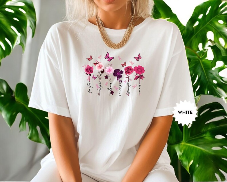 Butterfly Pink Ribbon Floral Breast Cancer Shirt Product Photo 2