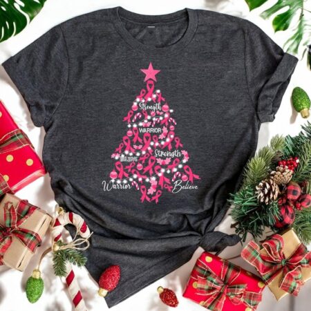 Christmas Breast Cancer Holiday Pink Ribbon Fight Awareness T-Shirt Product Photo 1