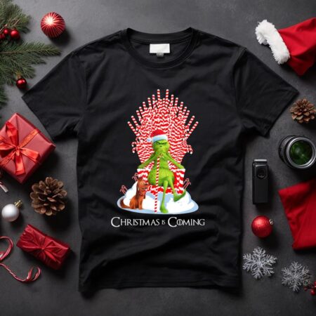 Christmas Is Coming Grinch Candy Cane Throne Funny Christmas T-Shirt Product Photo 1