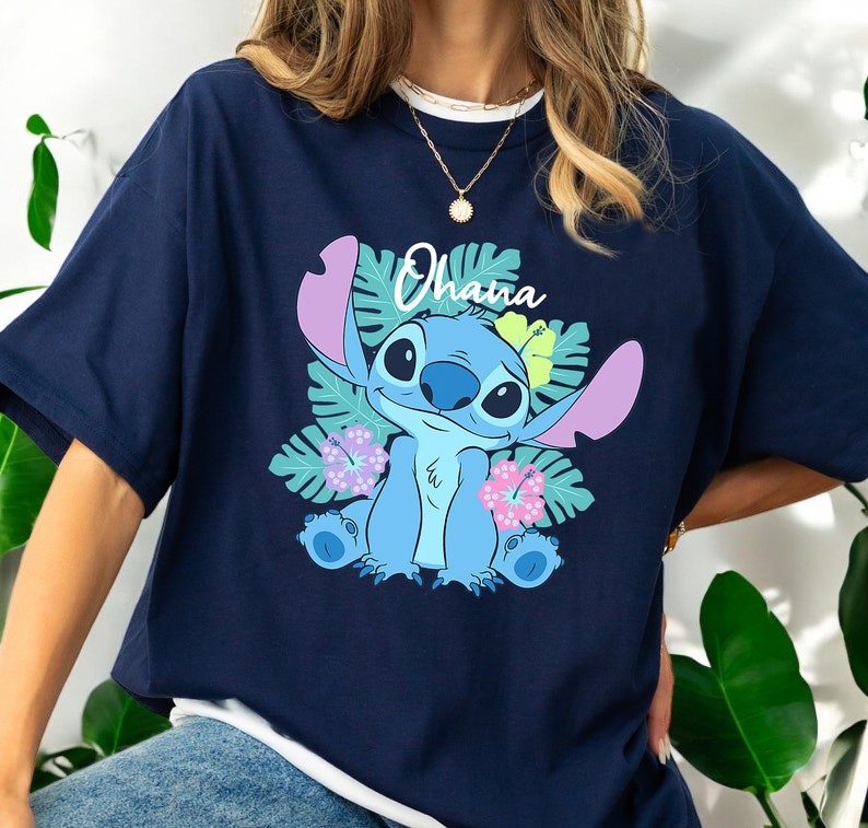 Disney Lilo & Stitch Ohana Adorable Pose Floral Logo T-Shirt Product Photo 2