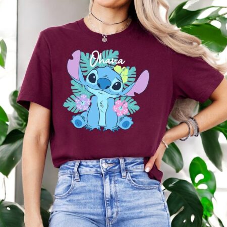 Disney Lilo & Stitch Ohana Adorable Pose Floral Logo T-Shirt Product Photo 1