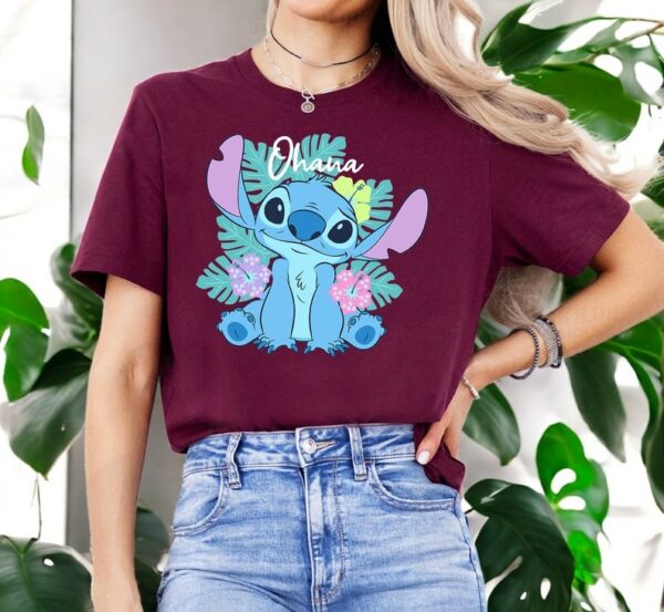 Disney Lilo & Stitch Ohana Adorable Pose Floral Logo T-Shirt Product Photo 1