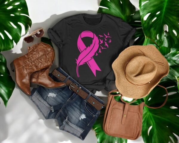 Pink Feather Cancer Awareness Shirt Product Photo 1