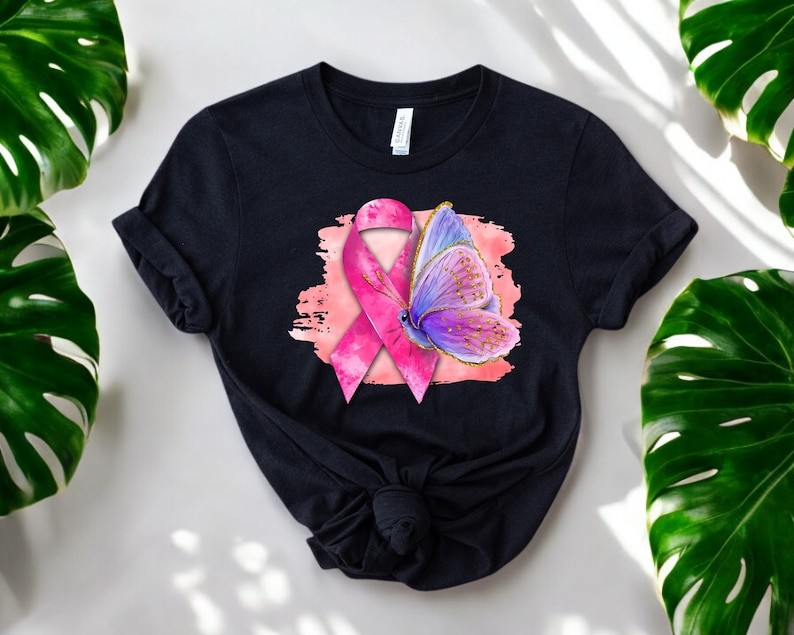 Pink Ribbon Butterfly Breast Cancer Awareness Shirt Product Photo 2