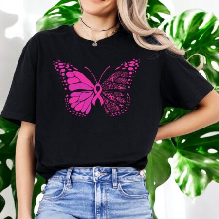 Pink Ribbon Butterfly Support Hope Cure Breast Cancer Awareness Shirt Product Photo 1