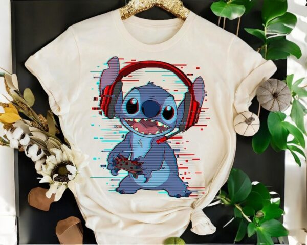 Stitch Gamer Glitch Headset And Controller T-Shirt Product Photo 1