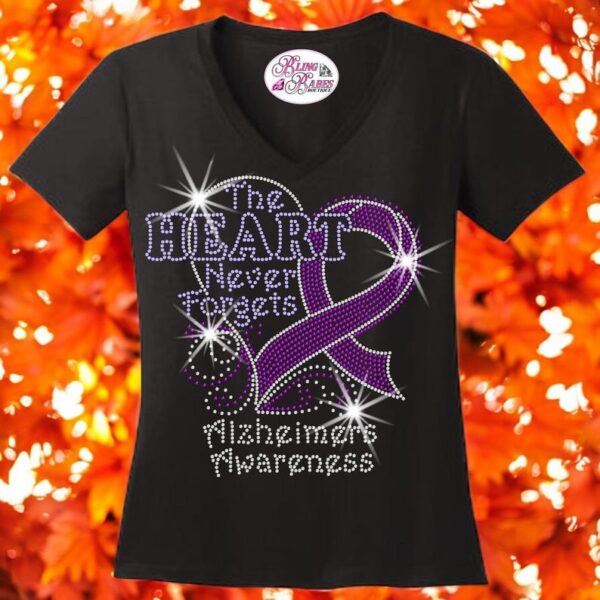 The Heart Never Forgets Alzheimer's Rhinestone Mega Bling Shirt Product Photo 1