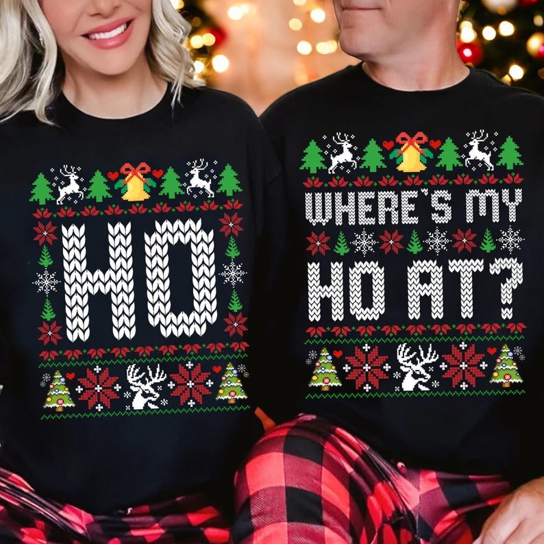 Where My Ho At Couples Matching Ugly Christmas Sweatshirt Product Photo 2