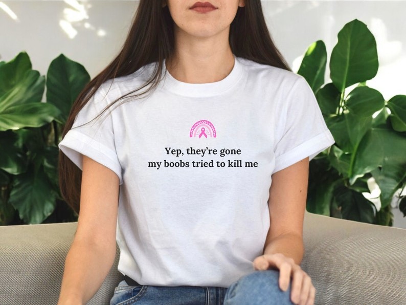 Yep, They're Are Gone Funny Breast Cancer Survivor Shirt Product Photo 2