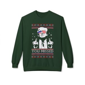 You Missed Funny 45 47 President Trump Shot Usa Glasses Ugly Christmas Sweater Crewneck Sweatshirt Product Photo 4