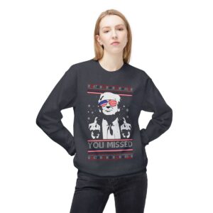 You Missed Funny 45 47 President Trump Shot Usa Glasses Ugly Christmas Sweater Crewneck Sweatshirt Product Photo 5