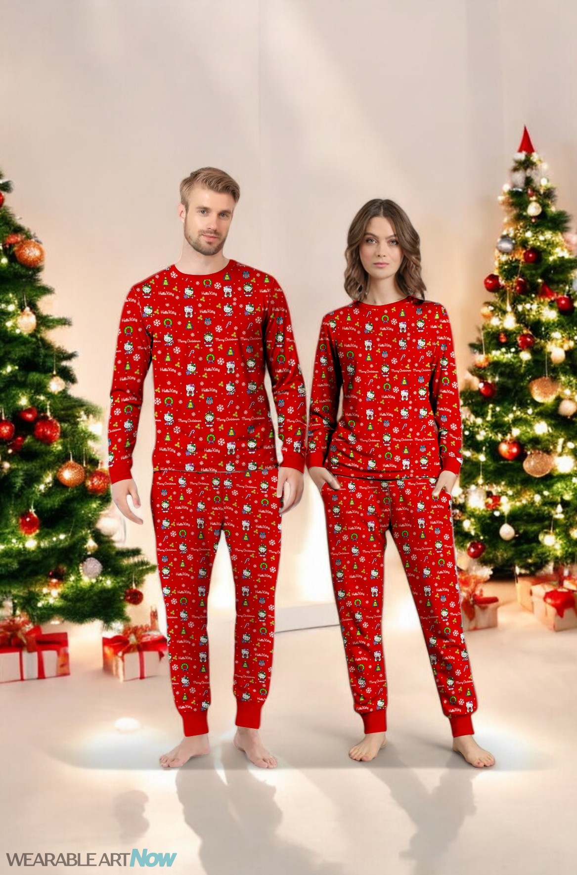 Great Christmas Hello Kitty Pattern Red Family Matching Pajama Set Product Photo 2