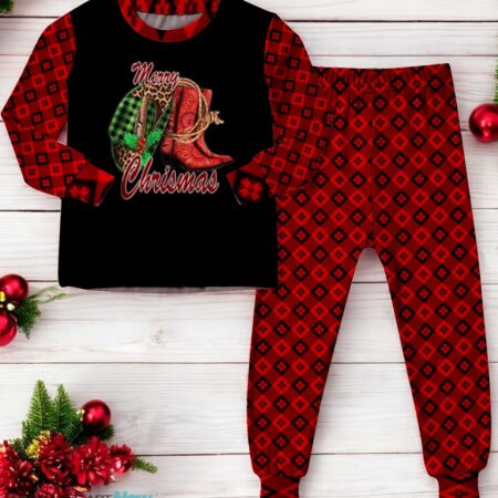 Buffalo Plaid Howdy Hat Cowboy Boots Merry Christmas Cowgirl Family Matching Pajama Set Product Photo 1