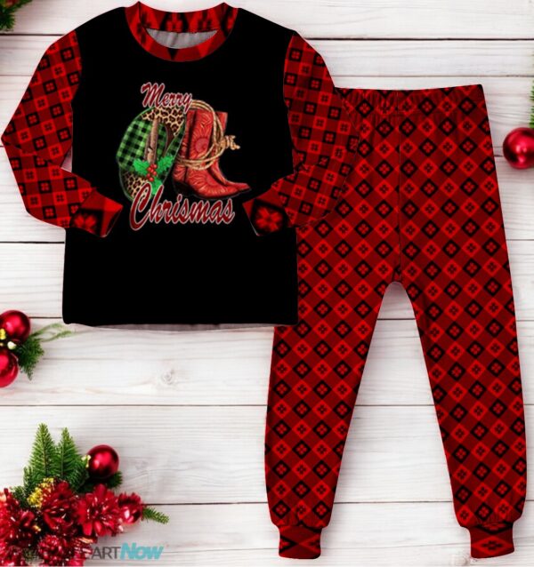 Buffalo Plaid Howdy Hat Cowboy Boots Merry Christmas Cowgirl Family Matching Pajama Set Product Photo 1