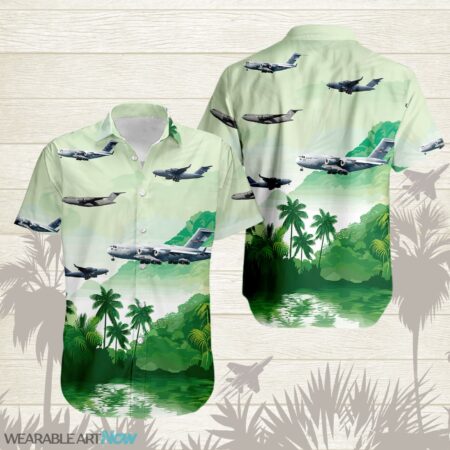 C-17 Globemaster III Transport Tanker Aircraft Beautiful Landscape Warm Sunrise Over Mountain Ocean And Forest Hawaiian Shirt Product Photo 1