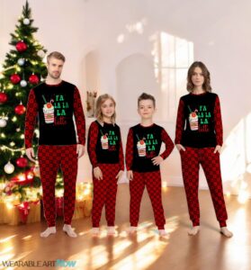 Christmas Coffee Lovers Fa la la la Latte Funny Family Matching Pajama Set Product Photo 2
