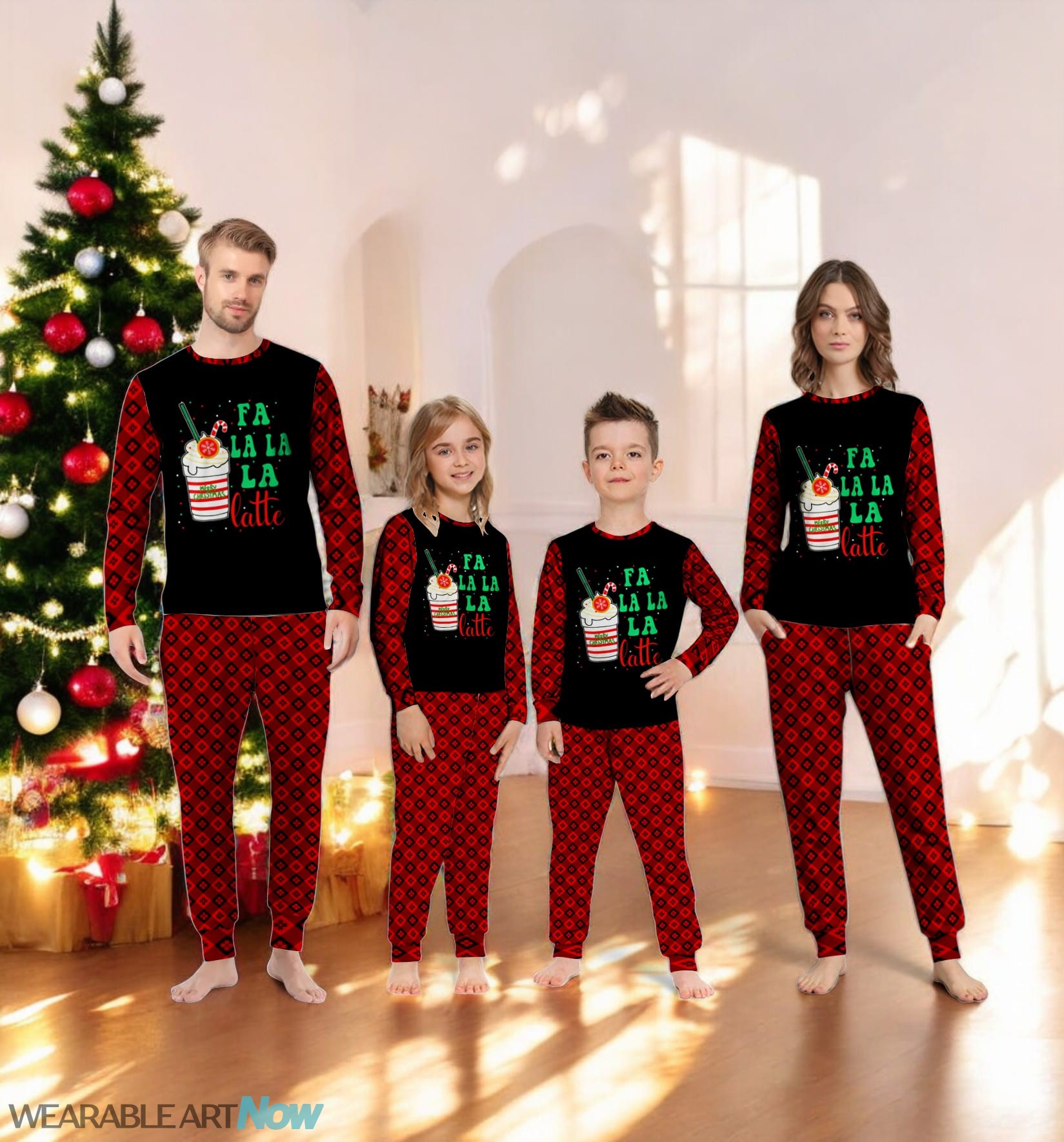 Christmas Coffee Lovers Fa la la la Latte Funny Family Matching Pajama Set Product Photo 2
