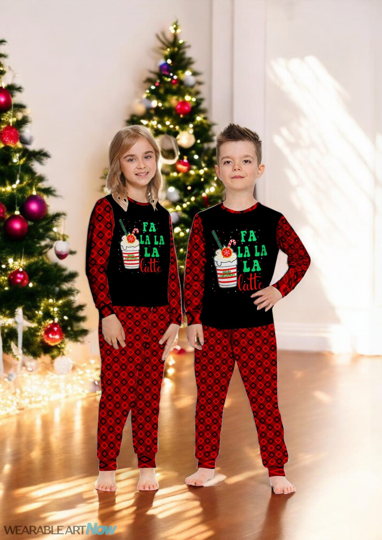Christmas Coffee Lovers Fa la la la Latte Funny Family Matching Pajama Set Product Photo 3