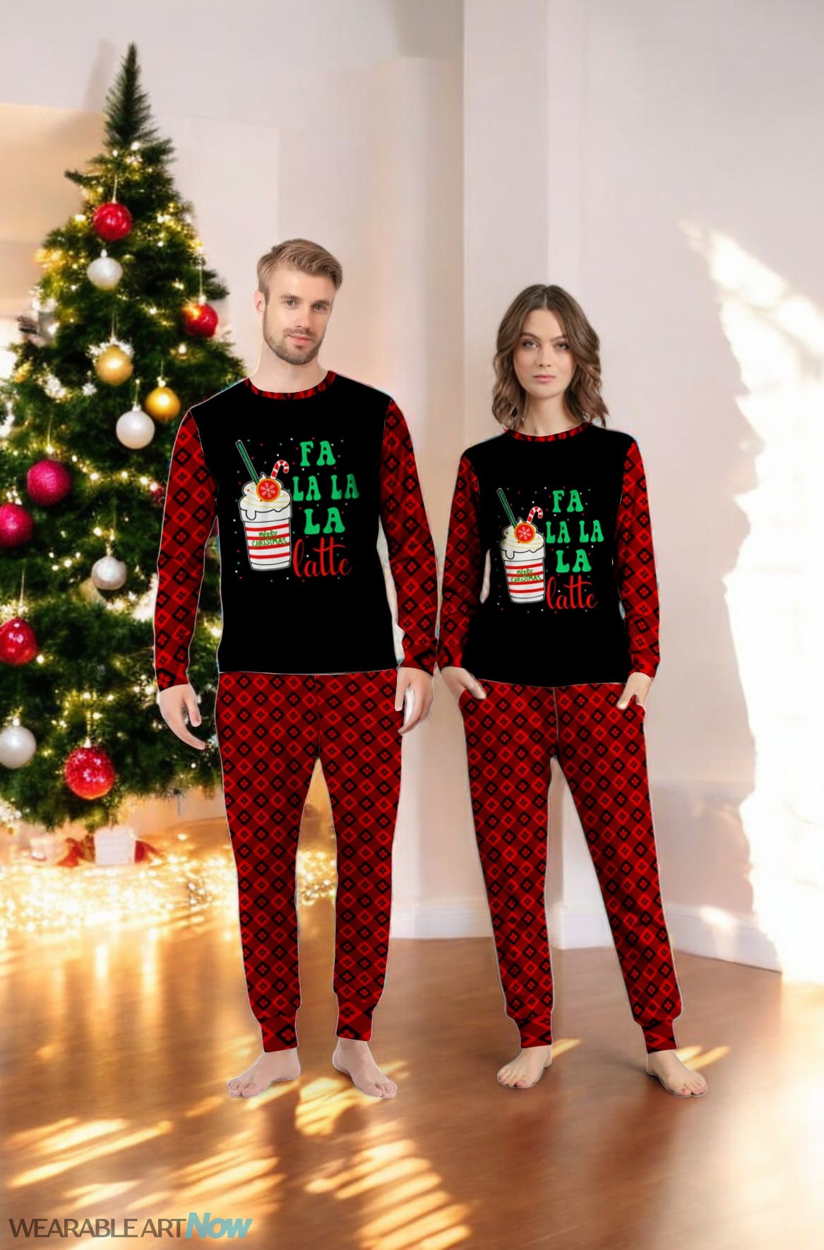 Christmas Coffee Lovers Fa la la la Latte Funny Family Matching Pajama Set Product Photo 1