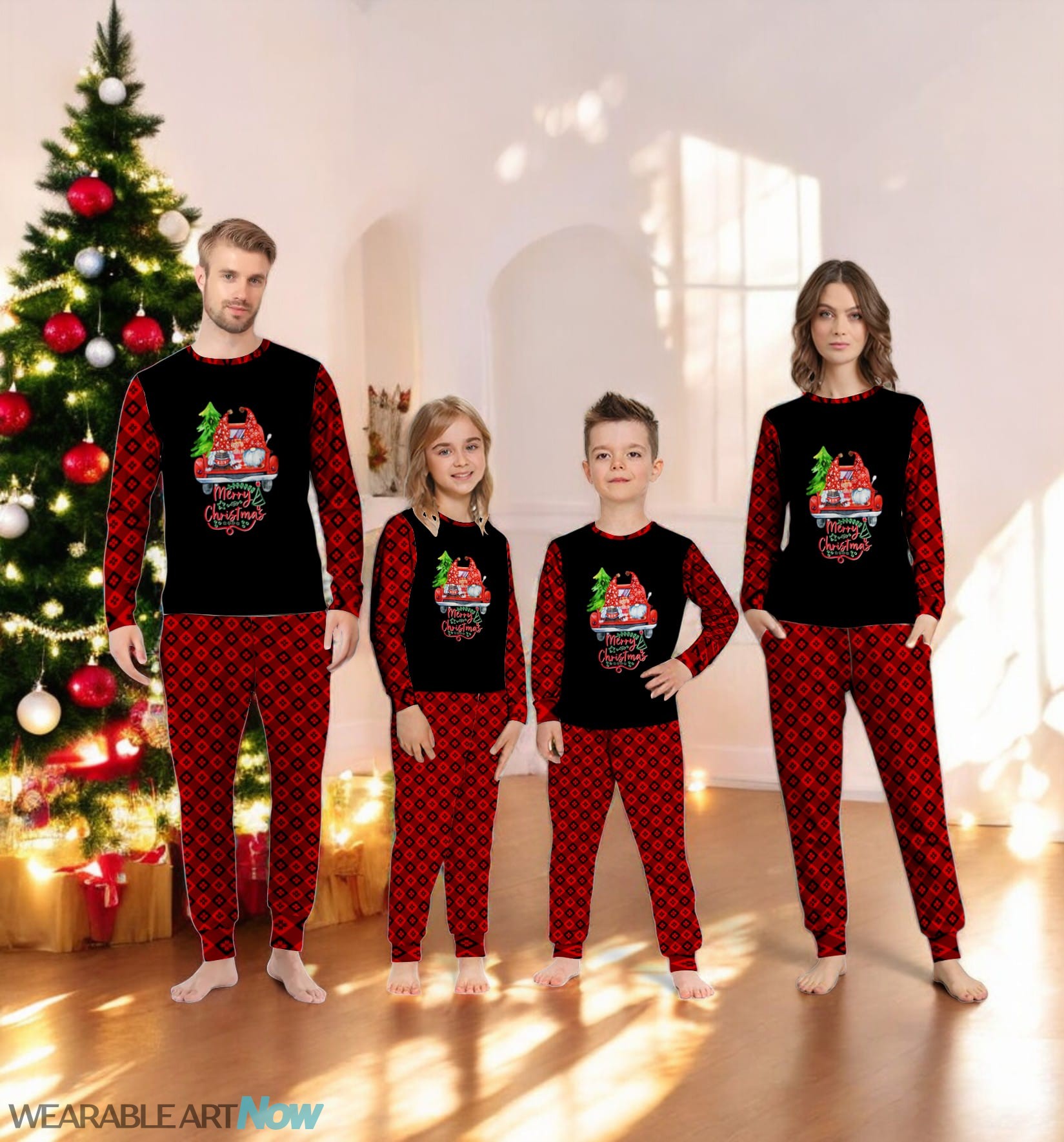 Christmas Gnome Vintage Red Pickup Christmas Tree Truck Family Matching Pajama Set Product Photo 2