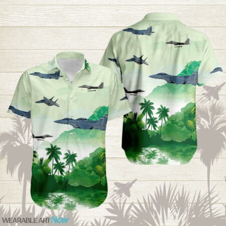 F-15EX Strike Eagle Fighter Aircraft Beautiful Landscape Warm Sunrise Over Mountain Ocean And Forest Hawaiian Shirt Product Photo 1