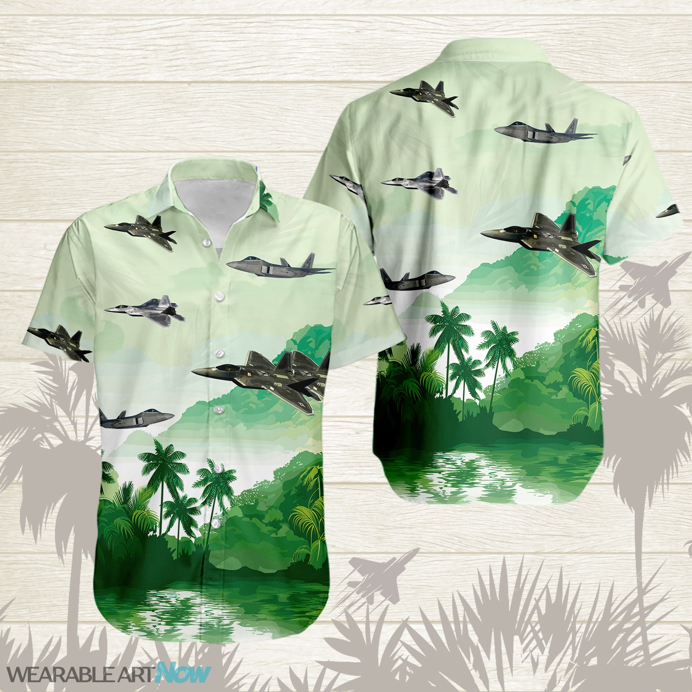 F-22 Raptor Fighter Aircraft Beautiful Landscape Warm Sunrise Over Mountain Ocean And Forest Hawaiian Shirt Product Photo 1