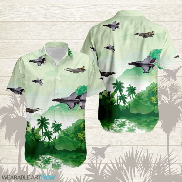F-35 Lightning II Fighter Aircraft Beautiful Landscape Warm Sunrise Over Mountain Ocean And Forest Hawaiian Shirt Product Photo 1