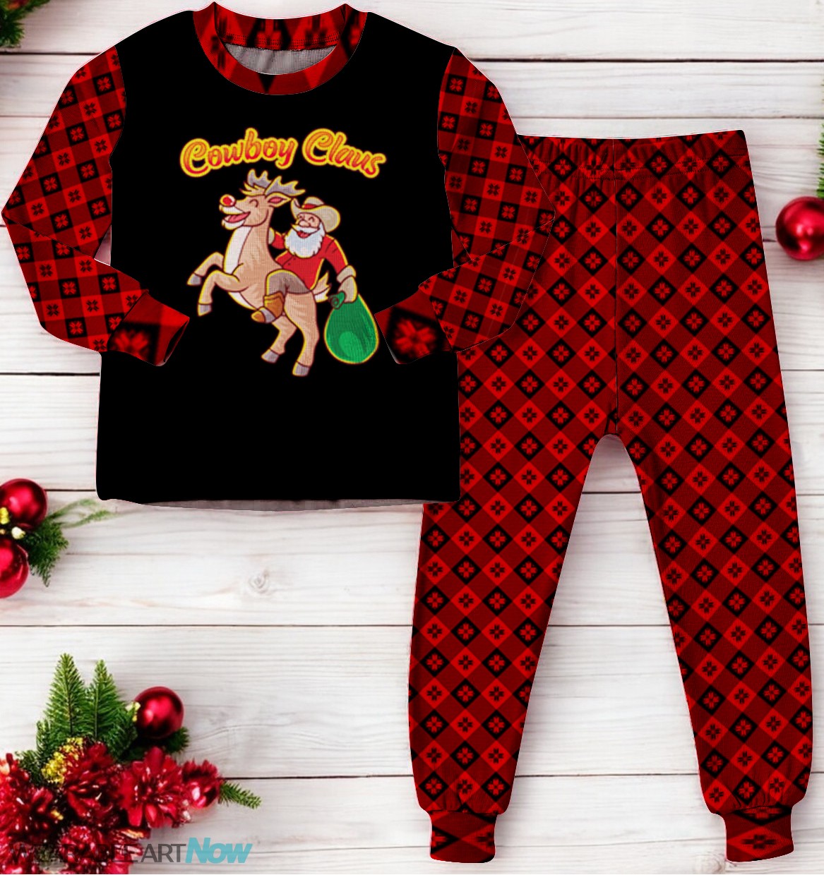 Funny Santa Claus Riding A Reindeer Family Matching Pajama Set Product Photo 1