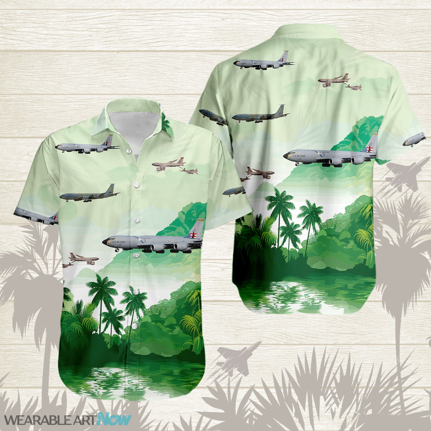 KC-135 Stratotanker Transport Tanker Aircraft Beautiful Landscape Warm Sunrise Over Mountain Ocean And Forest Hawaiian Shirt Product Photo 1