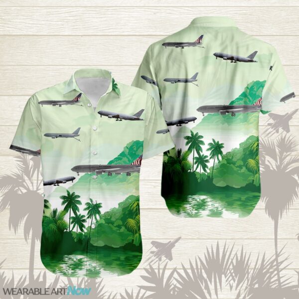 KC-46 Pegasus Transport Tanker Aircraft Beautiful Landscape Warm Sunrise Over Mountain Ocean And Forest Hawaiian Shirt Product Photo 1