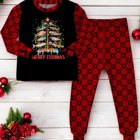 Merry Fishmas Funny Christmas Tree Lights Fish Fishing Rod Family Matching Pajama Set Product Photo 1