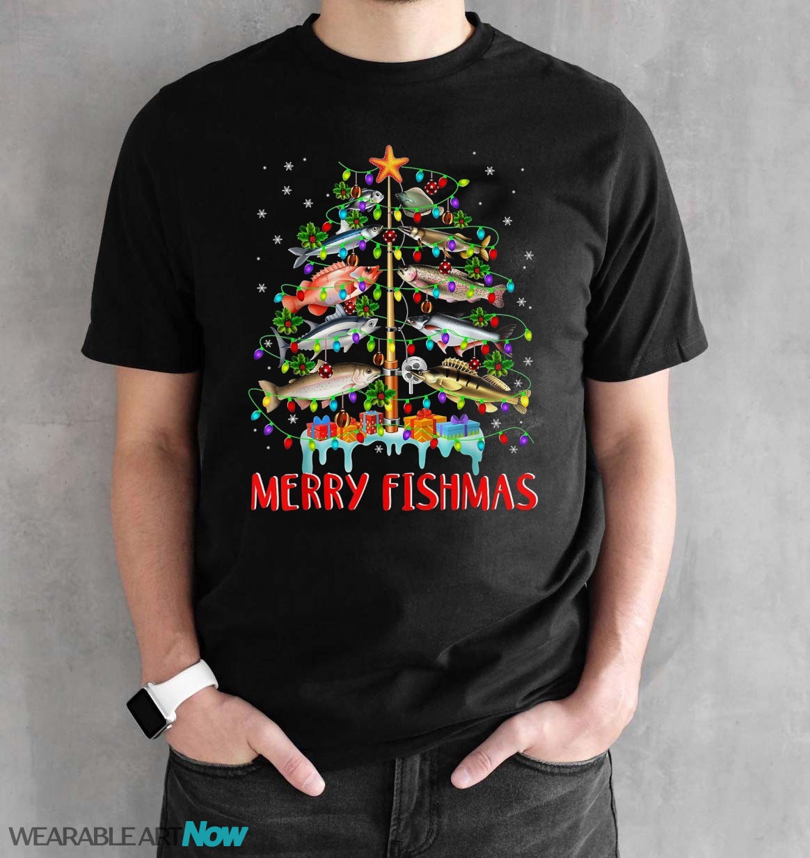 Merry Fishmas Funny Christmas Tree Lights Fish Fishing Rod T-Shirt Product Photo 2