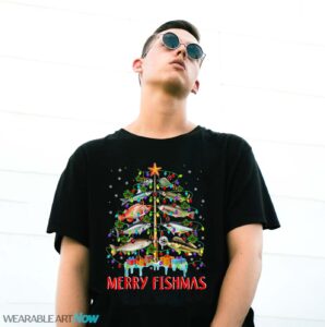 Merry Fishmas Funny Christmas Tree Lights Fish Fishing Rod T-Shirt Product Photo 3