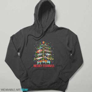 Merry Fishmas Funny Christmas Tree Lights Fish Fishing Rod T-Shirt Product Photo 4