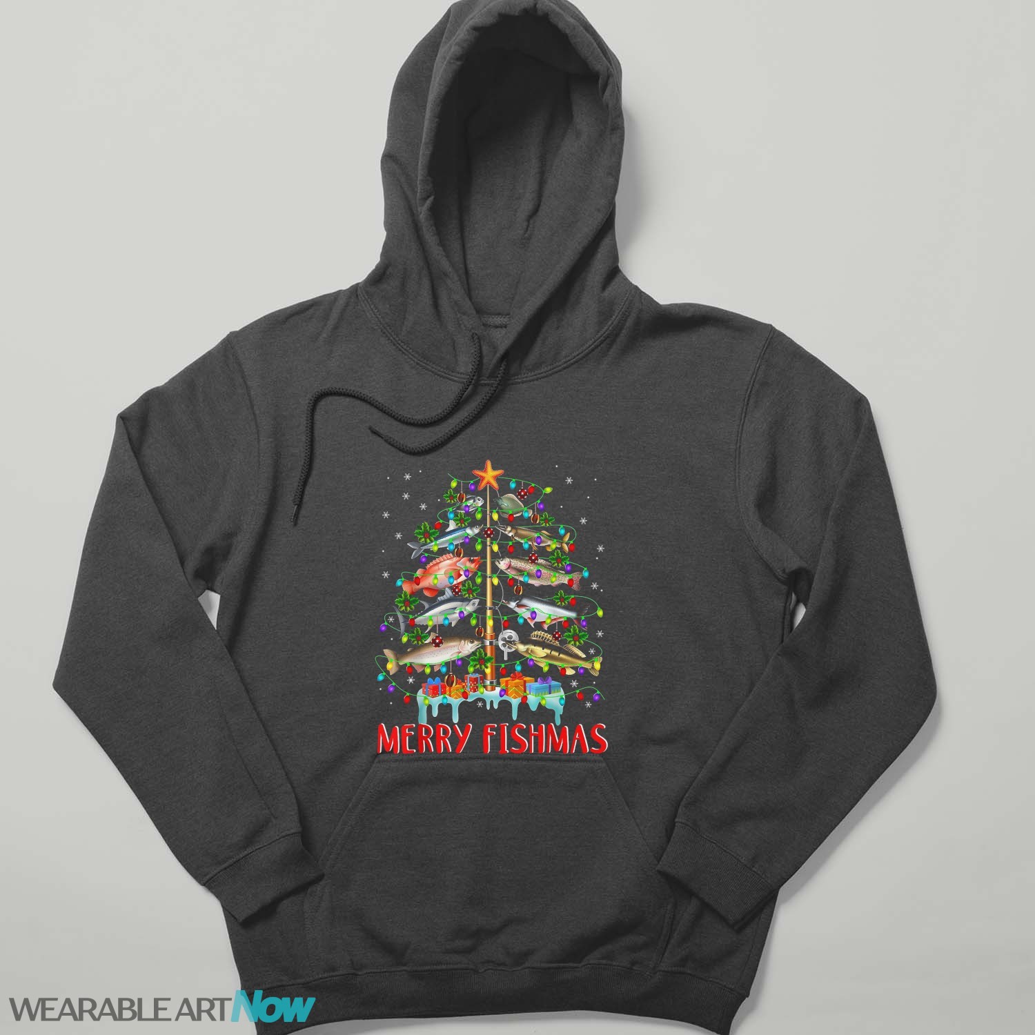 Merry Fishmas Funny Christmas Tree Lights Fish Fishing Rod T-Shirt Product Photo 4