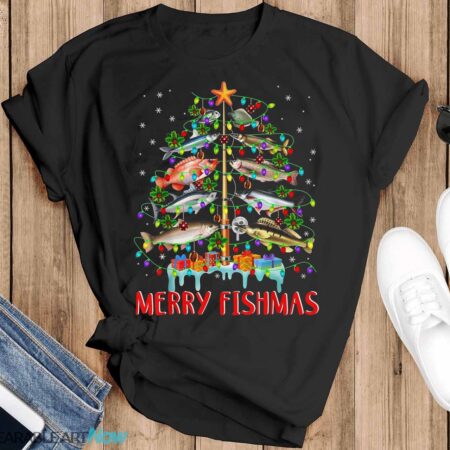 Merry Fishmas Funny Christmas Tree Lights Fish Fishing Rod T-Shirt Product Photo 1