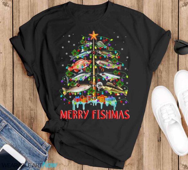 Merry Fishmas Funny Christmas Tree Lights Fish Fishing Rod T-Shirt Product Photo 1