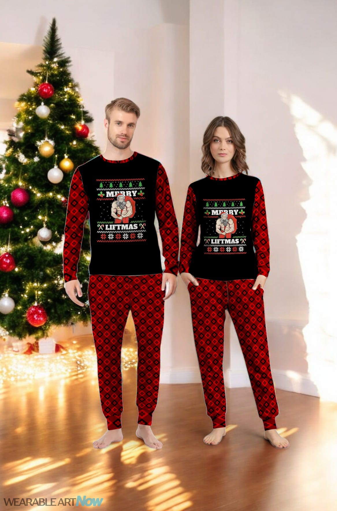 Merry Liftmas Muscular Santa Claus Family Matching Pajama Set Product Photo 2