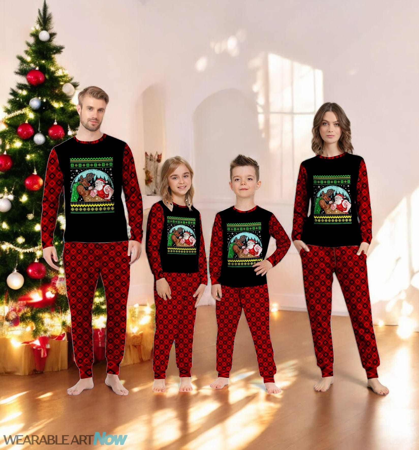 Muscle Santa Workout Christmas Santa Vs Reindeer Xmas Family Matching Pajama Set Product Photo 3