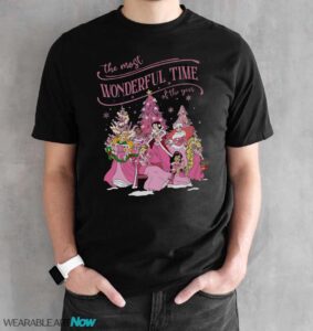 Retro Disney Princess Characters Pink Christmas Shirt, It'S The Most Wonderful Time Of The Years Tshirt Product Photo 4
