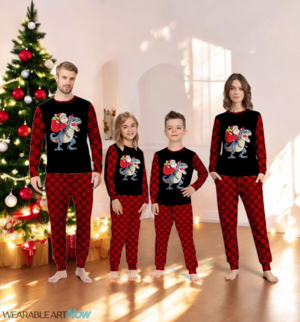 Santa Riding Dinosaur T-rex Christmas Family Matching Pajama Set Product Photo 1