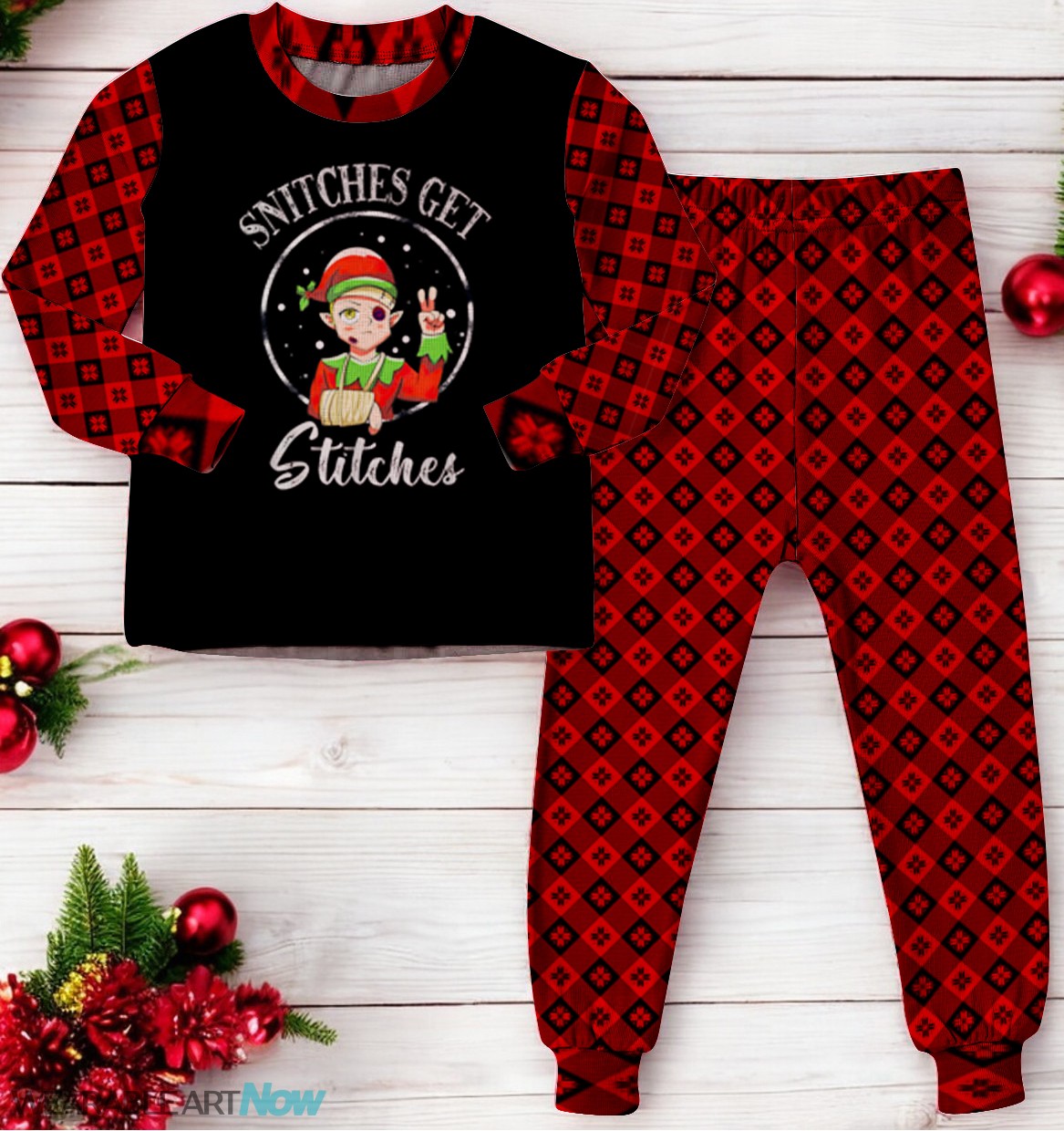 Snitches Get Stitches Funny Elf Snitched To Santa Claus Christmas Family Matching Pajama Set Product Photo 2