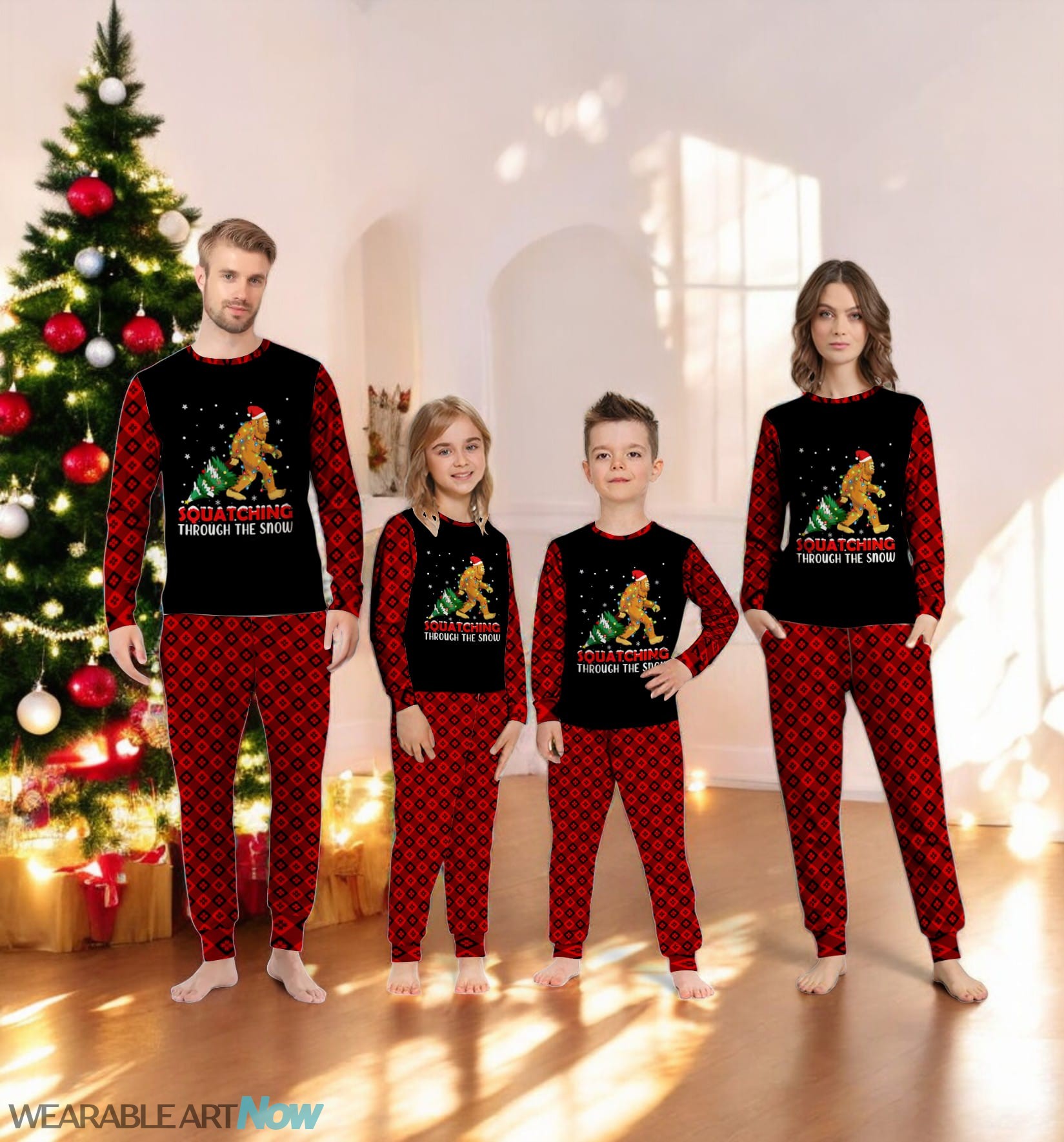 Squatching Bigfoot Funny Sasquatching Through The Snow Family Matching Pajama Set Product Photo 2