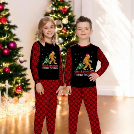 Squatching Bigfoot Funny Sasquatching Through The Snow Family Matching Pajama Set Product Photo 1
