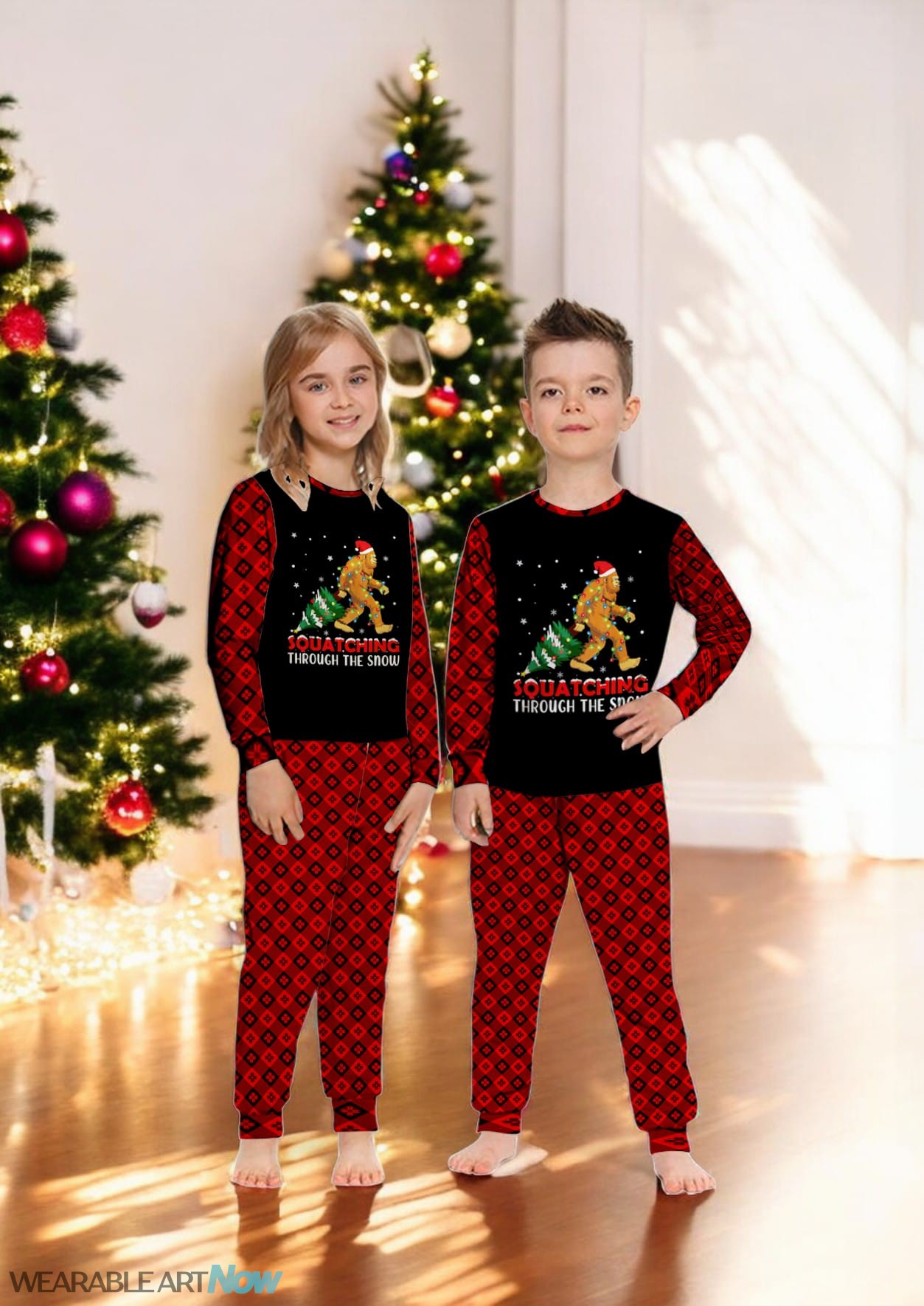 Squatching Bigfoot Funny Sasquatching Through The Snow Family Matching Pajama Set Product Photo 1