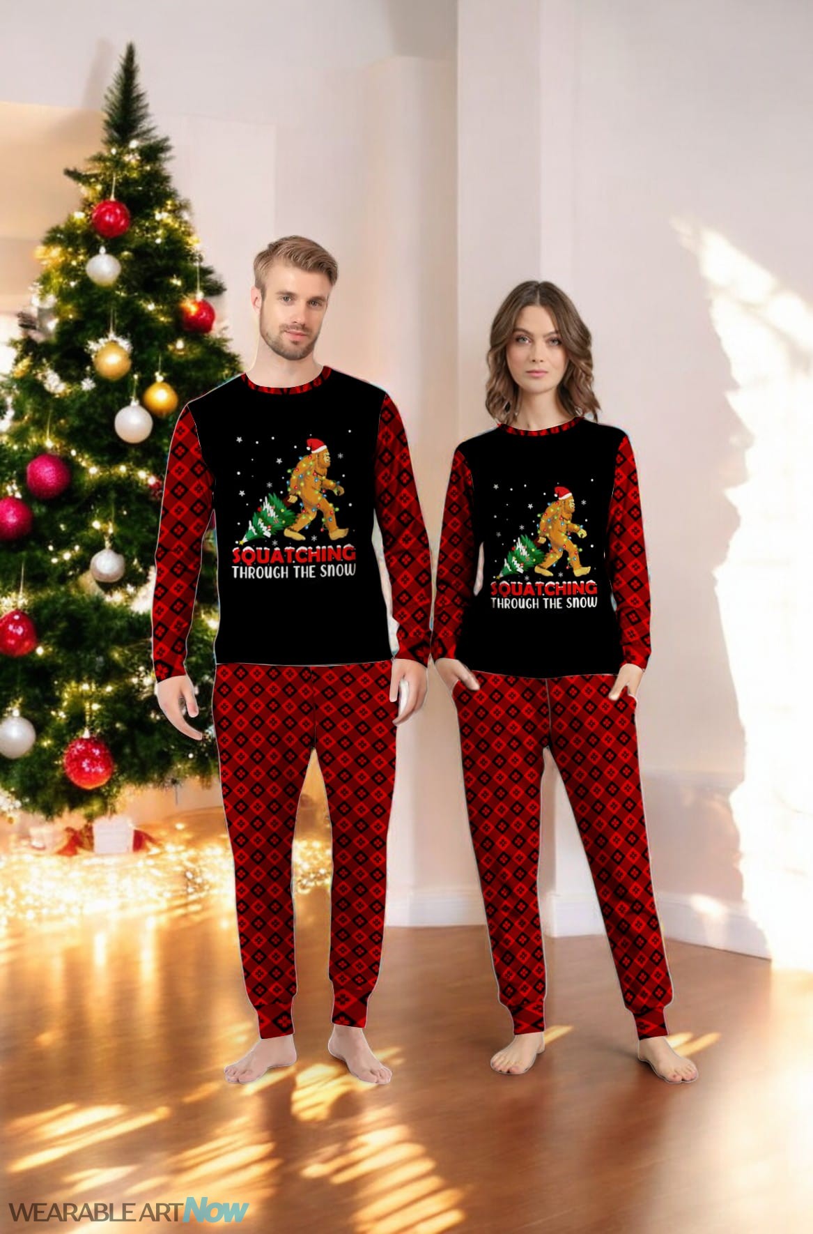 Squatching Bigfoot Funny Sasquatching Through The Snow Family Matching Pajama Set Product Photo 4