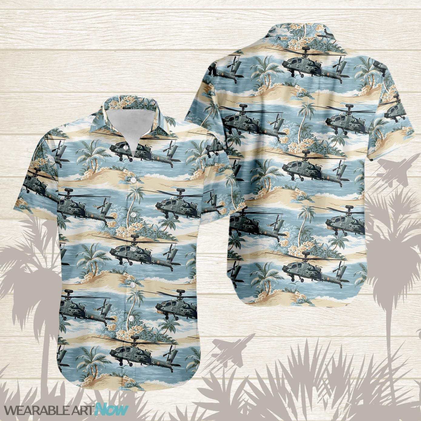 AH-64 Apache Aircraft Helicopter Beautiful Tropical Island With Palm Trees Pattern Hawaiian Shirt Product Photo 1