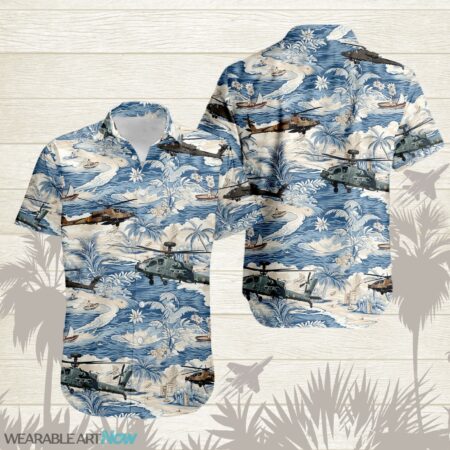 AH-64 Apache AirPlane Helicopter With A Boat And A Boat On The Water Hawaiian Shirt Product Photo 1