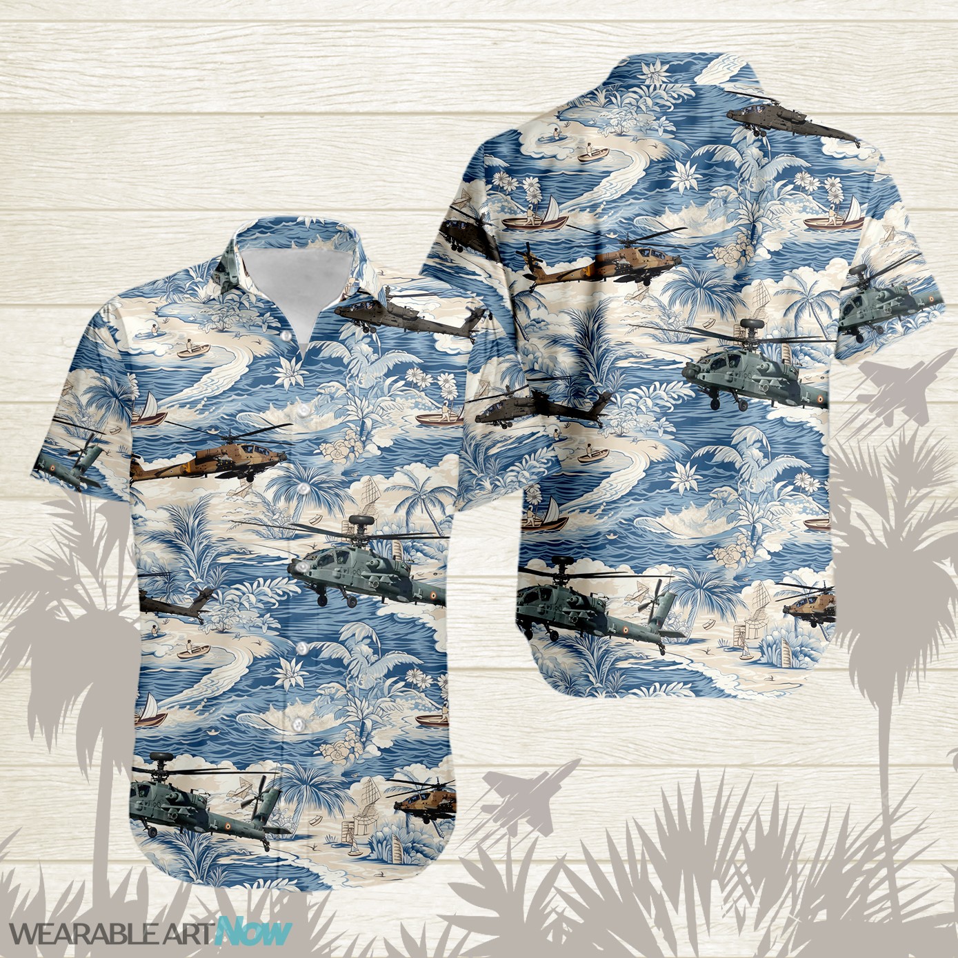 AH-64 Apache AirPlane Helicopter With A Boat And A Boat On The Water Hawaiian Shirt Product Photo 1